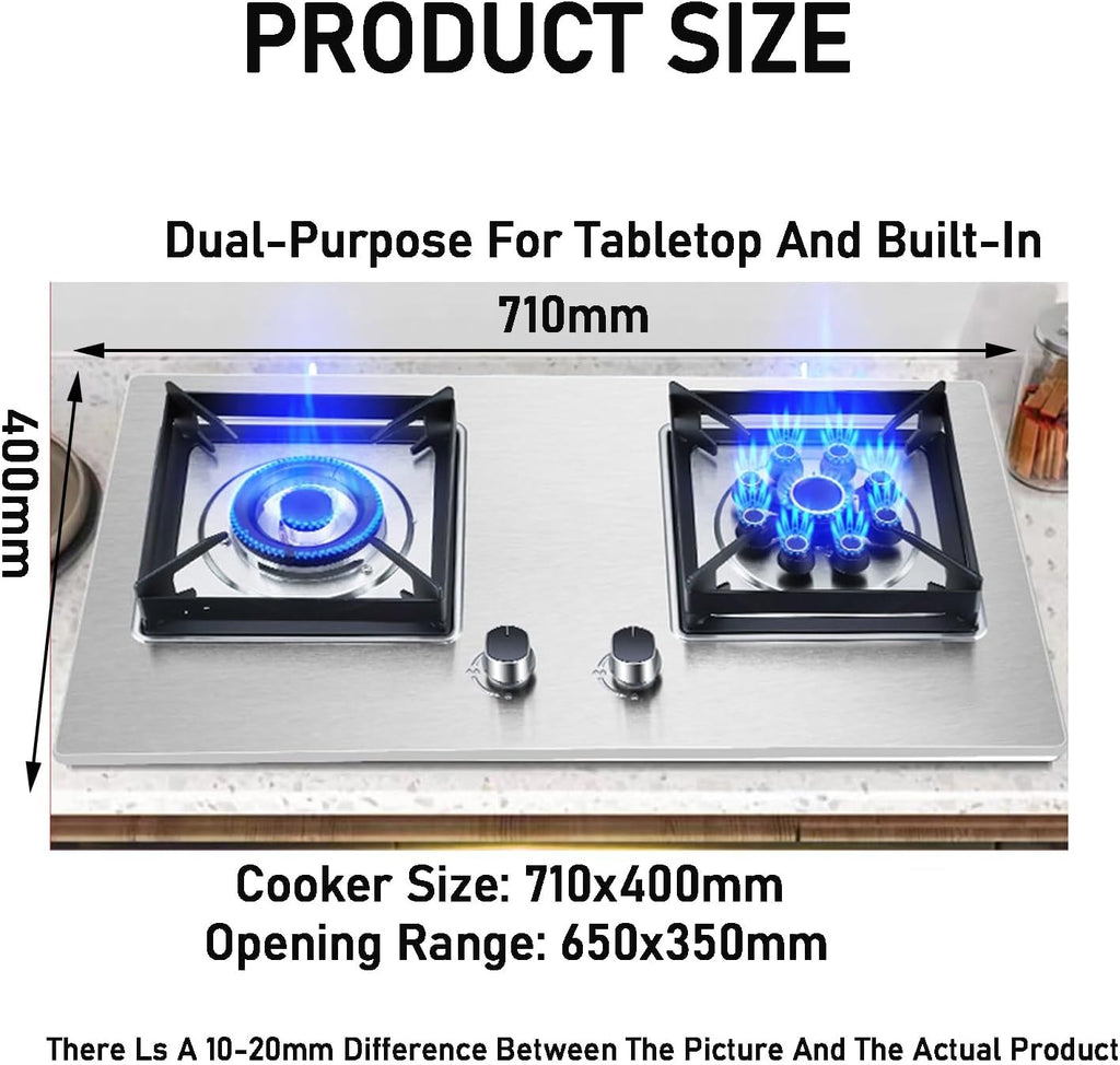 Portable Gas Stove,2 Burner Stainless Steel Cooktop,Square Stove Frame Pure Copper Fire Cover,LPG/NG Dual-purpose 5.2KW,for Home Outdoor Cooking(NG)