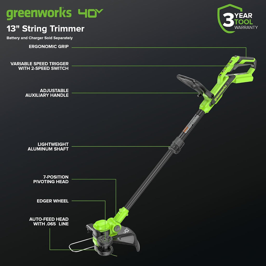 Greenworks 40V 13' 2-in-1 Cordless String Trimmer/Edger, Auto Feed Line, Rotating Head, Lightweight Weed Wacker, 20 Plastic Blades + Blade Cover, Battery Sold Separately