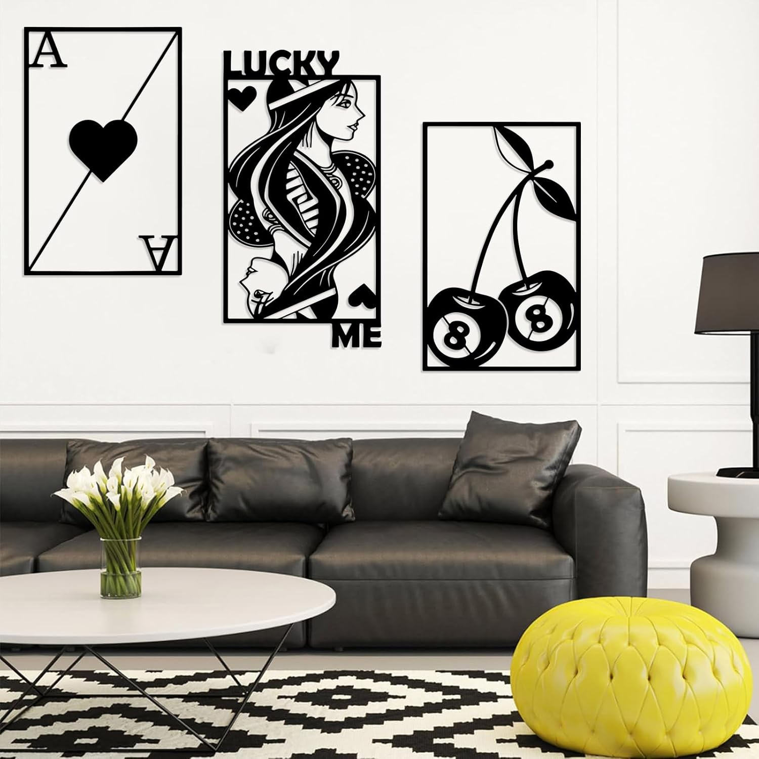kawazu 3Pcs Poker Metal Wall Art, Lucky Me You Wall Art, Royal Flush Metal Wall Art, Playing Cards Metal Wall Art, Ace of Spades Metal Wall Art, Living Room Decor, Game Room Decor (Silver, S)