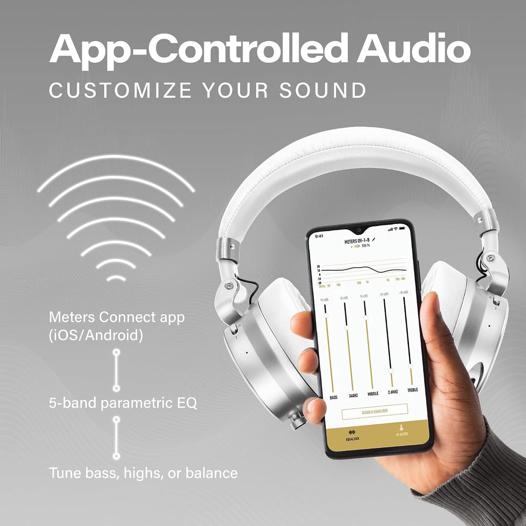 Meters OV-1-B-C Over-Ear Wireless Headphones with Active Noise Cancellation - Studio-Quality Sound with 16-Hour Playback & VU Display - Bluetooth 5.0, App-Controlled, 40mm Drivers (White)