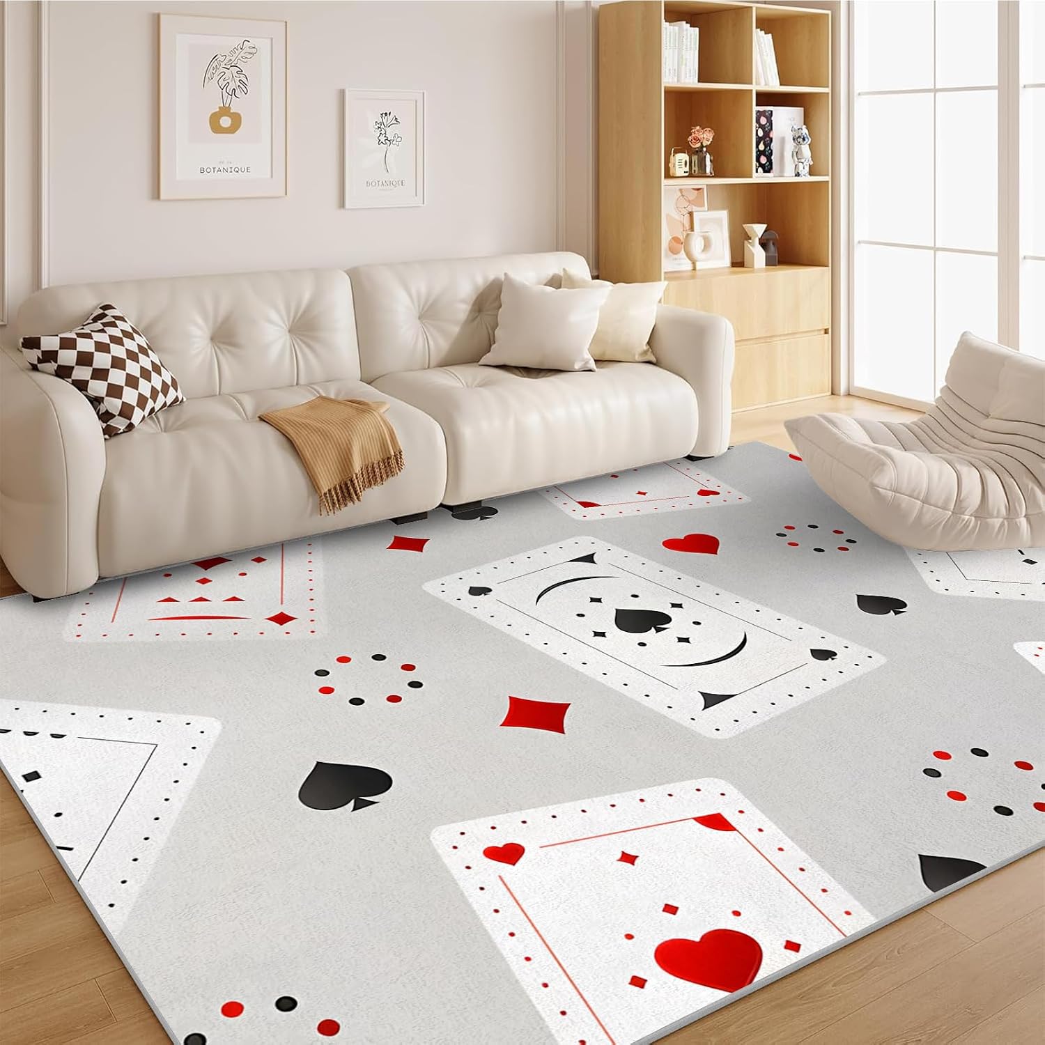 Poker Rug, 5x7 Rug, Suits Heart Spades Club Diamond Area Rugs, Large Washable Rugs, Cards Game Home Decor, Foldable Low Pile Accent Rug for Living Room Bedroom Dining Room (Gray Black Red)