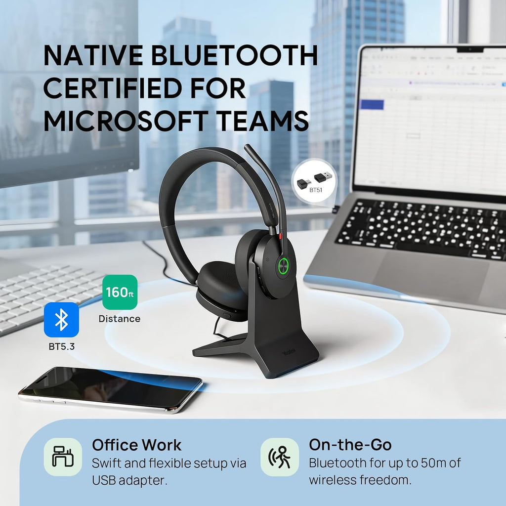 Yealink BH74 UC ANC Bluetooth Headset with Microphone for Hybrid Work, Microsoft Teams Premium Open Ofﬁce Certified Headsets with 6-mics Active Noise Cancellation, Zoom Certified, 65H Battery