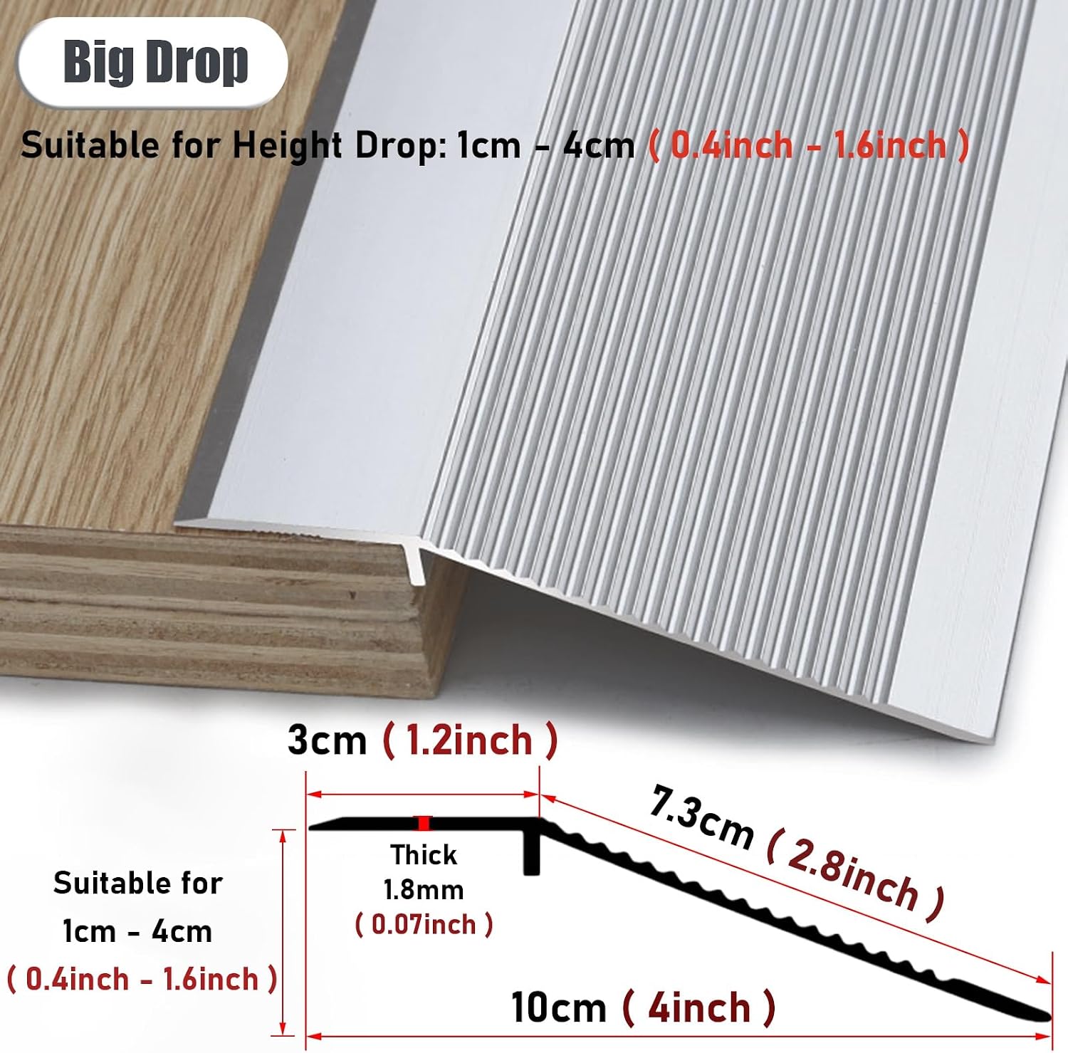 4inch Wide Floor Transition Strip Threshold Ramps for Doorways, Fluted Aluminum Reducer, Flooring Edge Trim, Wood To Tile, Vinyl To Laminate, Carpet To Tile ( Color : Silver , Size : 140cm/55.1in/4.6f