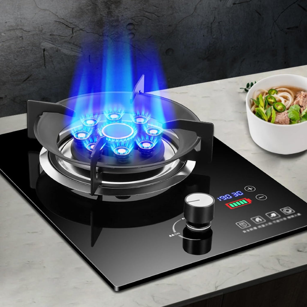 Gas Stove Single Burner,7.0KW Nine-Cavity High-fire Timer,Gas/LP Gas Conversion Stove,Tempered Glass Cast Iron Pot Rack,with Flameout Protection,for Home Kitchen(LPG)