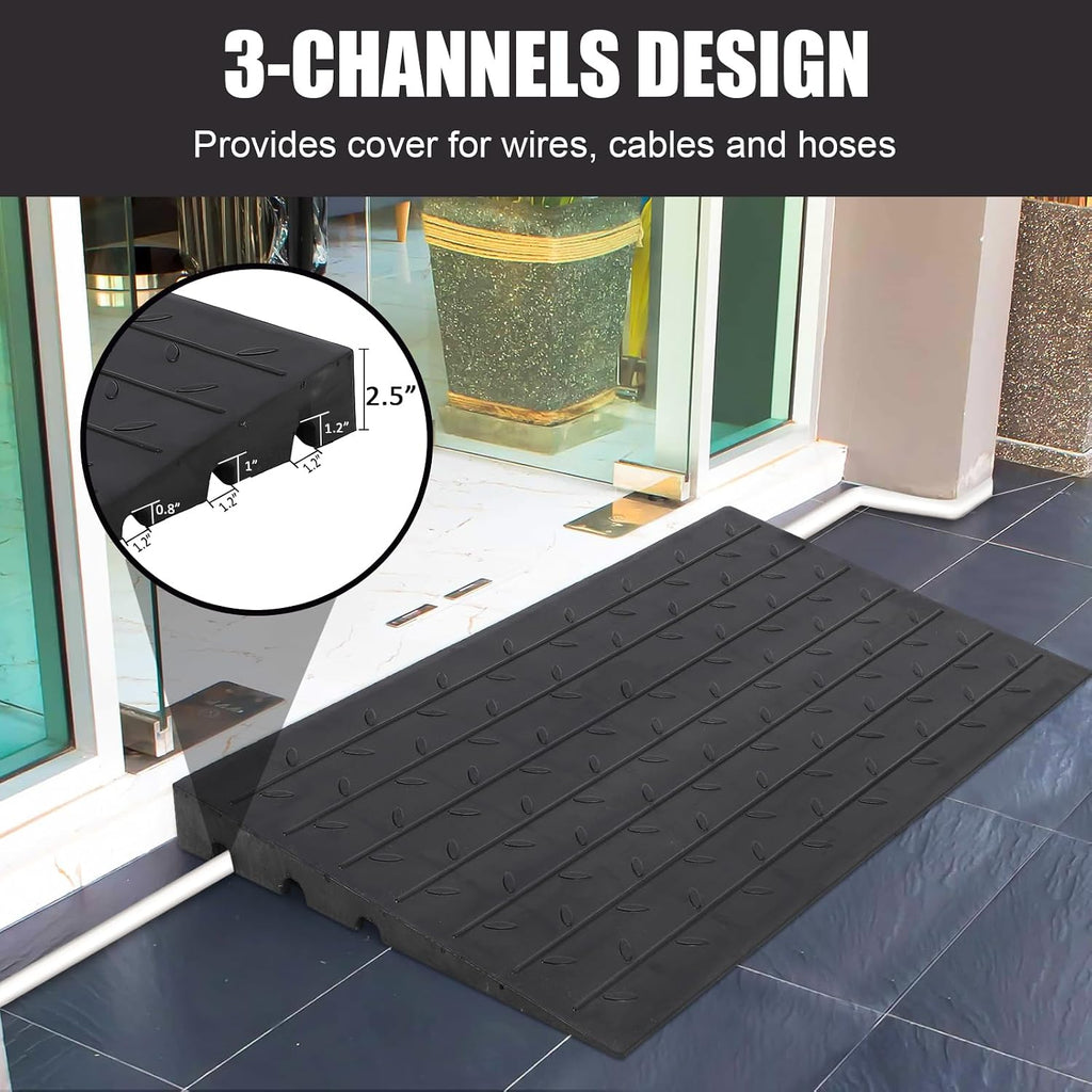 2.5' Rubber Threshold Ramp, Ramp for Wheelchair, Scooter, Doorway Ramp, Wheelchair Ramp Rubber, Driveway Curb Ramps, Handicap Ramps for Home Entry, Steps, Doorways, Curbs with 3 Channels Cord Cover