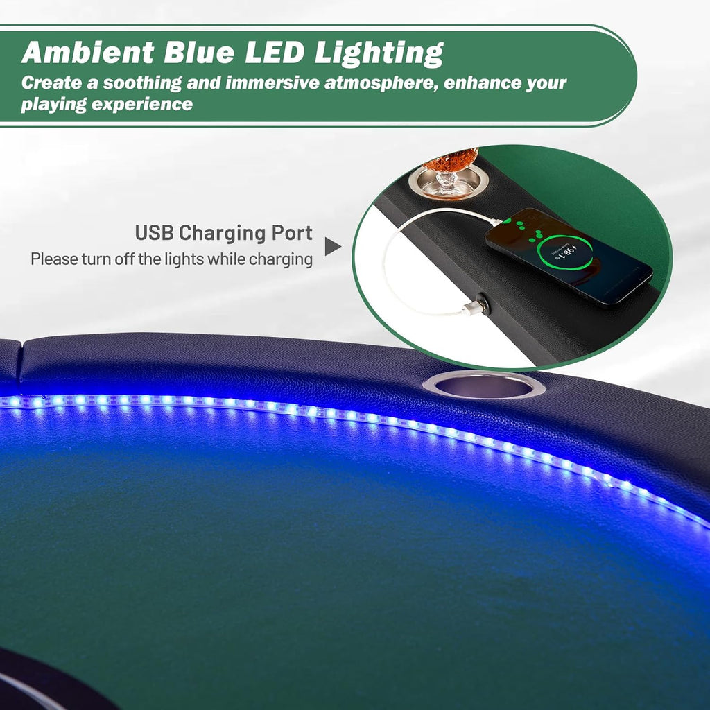 Goplus 84' Foldable Poker Table with LED Lights, 10 Players Card Board Game Table w/Casino Grade Felt, Steel Cup Holder, Padded Rails, for Texas Hold'em, Blackjack, No Assembly Required (Green)