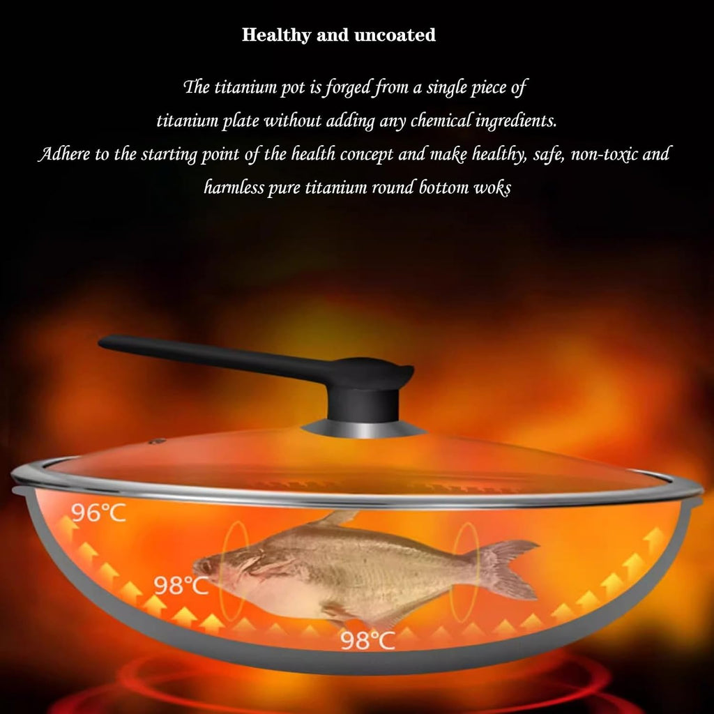 Pure Titanium Pot, Wok Pan with Lid, Nonstick Woks and Stir-Fry Pans, No Chemical Coated Flat Bottom Chinese Wok for Induction, Electric, All Stoves,A-32cm