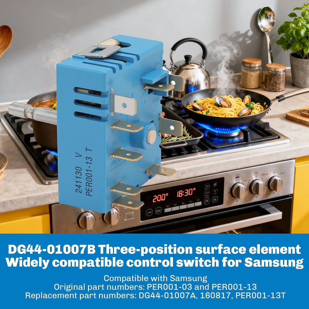 DG44-01007B three-burner gas stove switch, compatible with Samsung gas stoves. Compatible models include: DG44-01007A, PER001-03, PER001-13T, 4929395, AP6003098, PS11735755, EAP11735755-2-pack