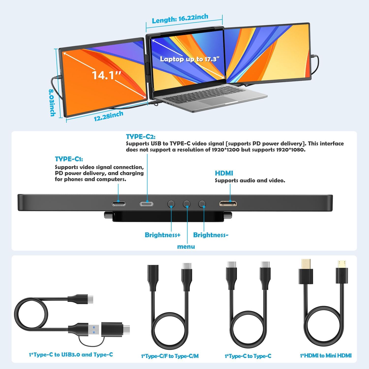 14.1-inch 2K Portable Triple Laptop Monitor Extender (with USB Docking Station) 2240x1400 QHD IPS Foldable Plug and Play Travel Home Office External Screen Compatible with HDMI,USB-A and USB-C