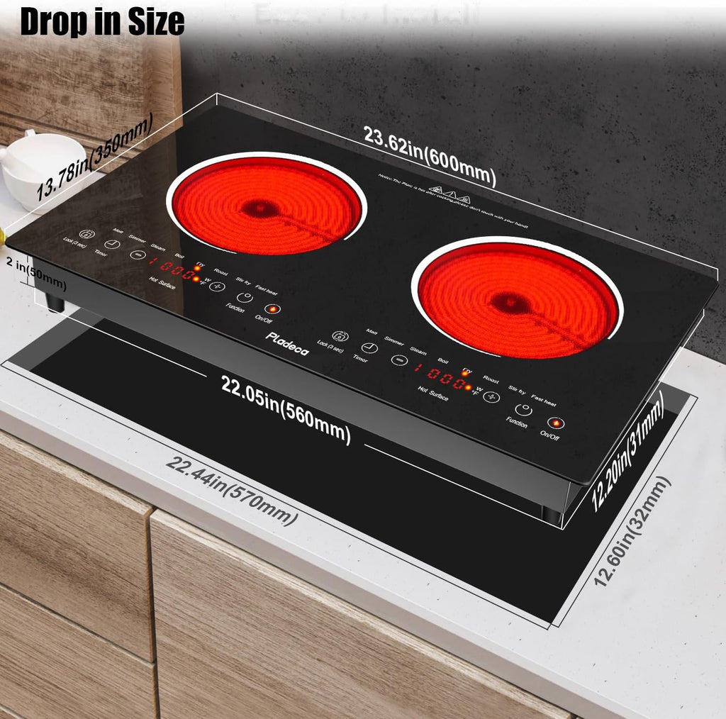 2 Burners Electric Cooktop, 24 Inch Stove top Touch Control, 110v~120v Built-in Elecric Stove Top with Outlet Plug, Child Safety Lock, Timer