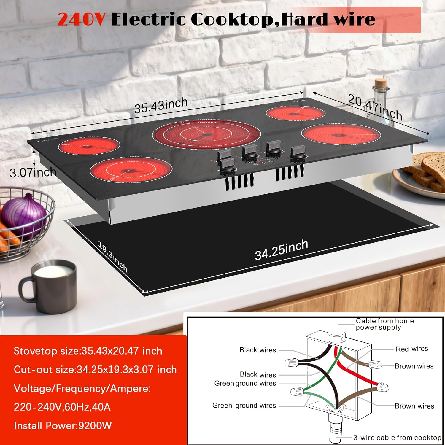 Karinear 36 inch Electric Cooktop, 5 Burner Radiant Cooktop with Knob & Touch Control, 9200W 240V Built-in Stove Top, 9 Power Levels, Timer, Child Lock, Pause, Residual Heat Indicator(Black Knob)