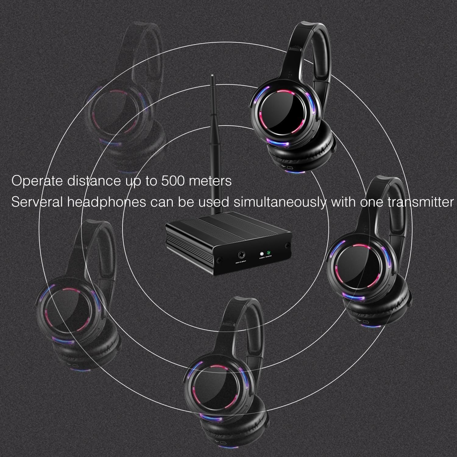 Professional Silent Disco LED Wireless Headphones and RF LED Silent Disco Earphones for iPod MP3 DJ Music Pary Club (30 led Headphone + 2 Transmitter)