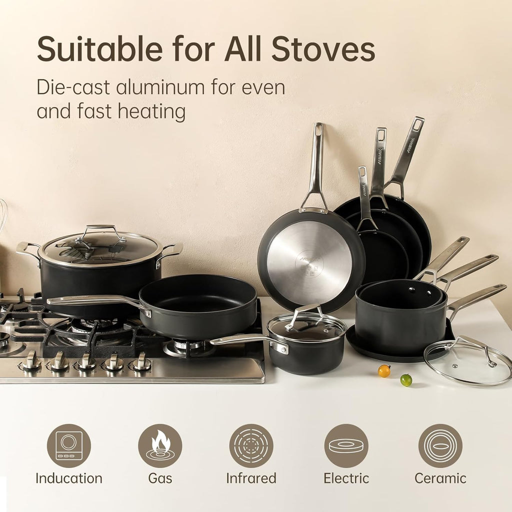MsMk Non Stick Pans Set 7-Piece, 8, 10, 12 Inch Frying Pans and 12 Inch Induction Wok with Tempered Glass Lids, PRO Heat Distribution, Stay-Cool Handles, Oven Safe 700℉, Compatible with All Cooktops