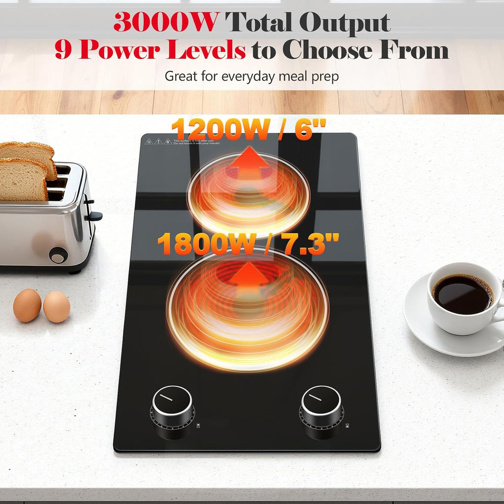 SNDOAS 2 Burner Electric Cooktop,12 inch Built-in 3000W and 9 Power Levels Glass Ceramic Stove Top,Electric Stove with Knob Control,Hardwired 240V for Kitchen,Residual Heat Protection,Easy Clean