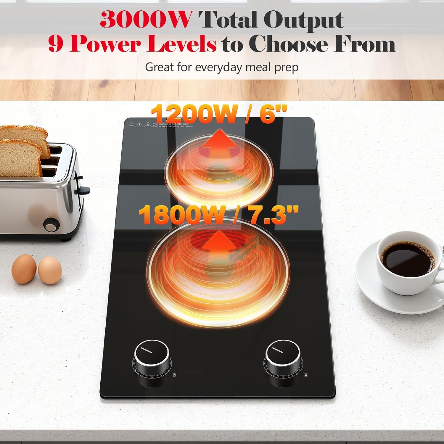 SNDOAS 2 Burner Electric Cooktop,12 inch Built-in 3000W and 9 Power Levels Glass Ceramic Stove Top,Electric Stove with Knob Control,Hardwired 240V for Kitchen,Residual Heat Protection,Easy Clean