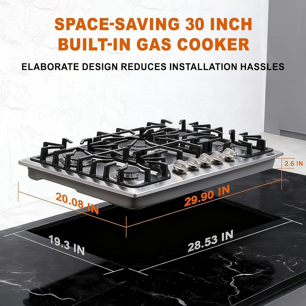 30 inch Gas Cooktop with 5 Italy SABAF Powerful Burners.Max 48,300 BTU/hr Built-in Gas Stove top of 304 Stainless steel,NG/LPG Convertible,ETL.