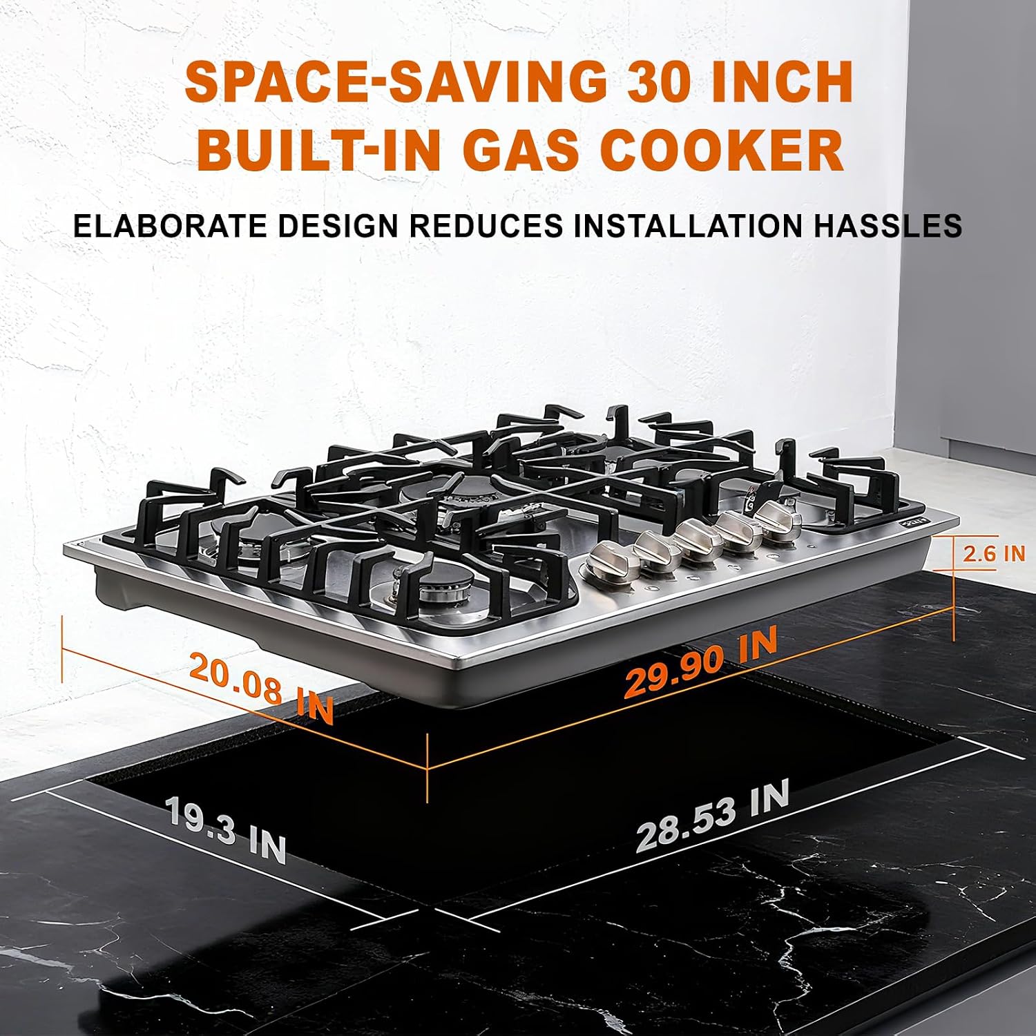 30 inch Gas Cooktop with 5 Italy SABAF Powerful Burners.Max 48,300 BTU/hr Built-in Gas Stove top of 304 Stainless steel,NG/LPG Convertible,ETL.