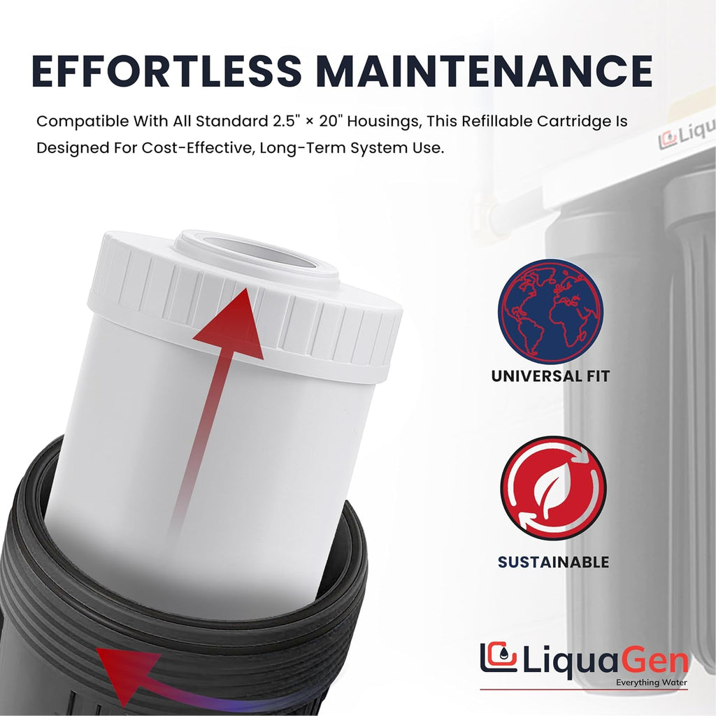 LiquaGen Bone Char Water Filter Replacement Cartridge – Helps Reduce Fluoride – Universal Refillable Filter for Whole House & Drinking Water – 2.5x10, 2.5x20, 4.5x10, 4.5x20 (4, 2.5' x 20')
