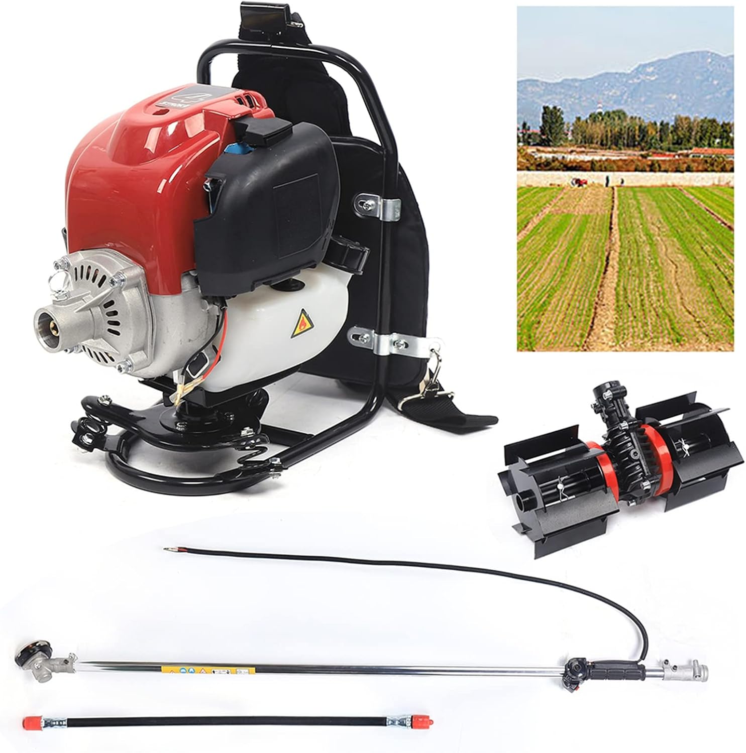 Backpack Gas Garden Brush Cutter Tiller, 3 in 1 35.4CC 4 Stroke Lawn Mower Brush Cutter Grass Hedge Trimmer, Cultivator Lawn Mower for Farmland Weeding Harvesting Clearing Ditching (4-stroke)