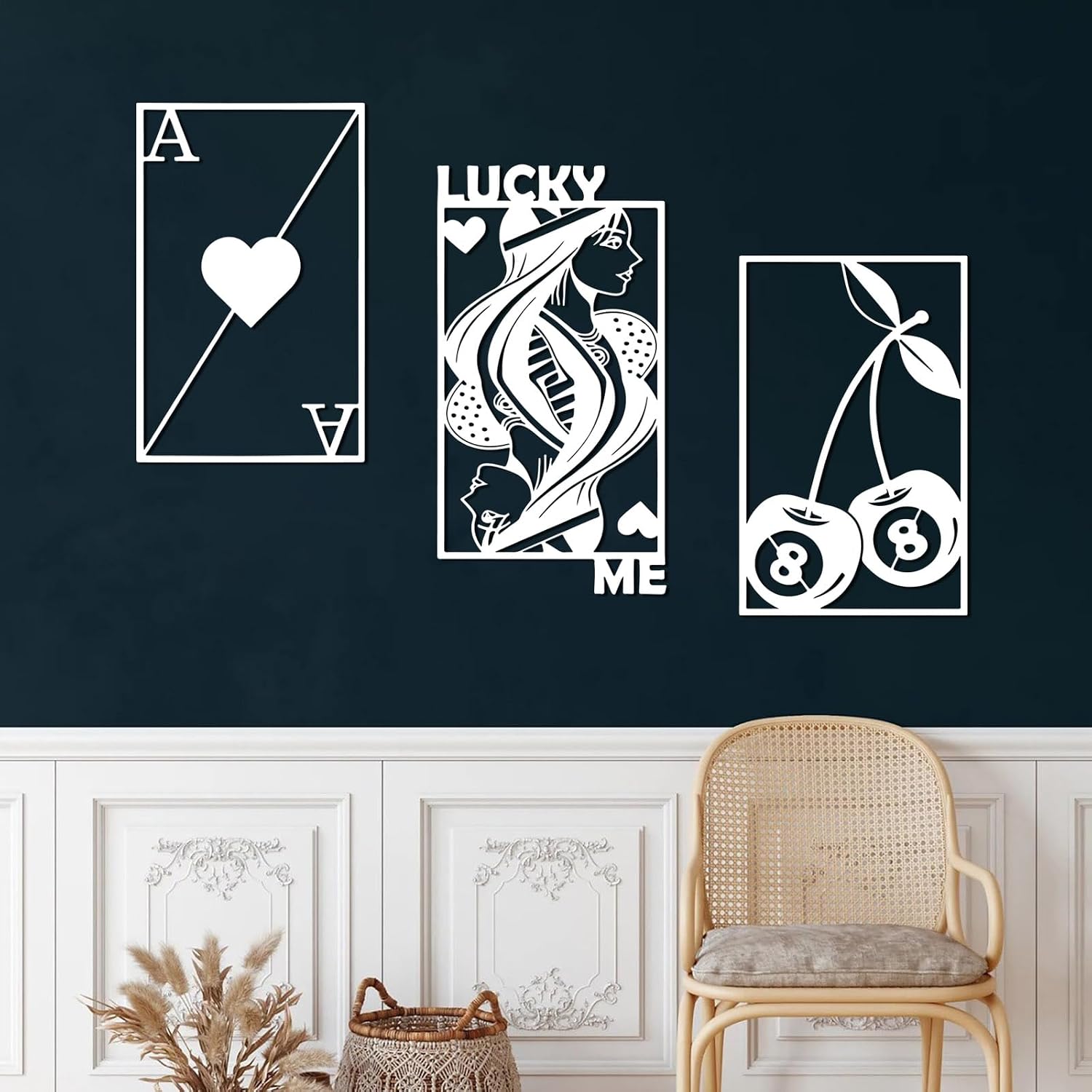kawazu 3Pcs Poker Metal Wall Art, Lucky Me You Wall Art, Royal Flush Metal Wall Art, Playing Cards Metal Wall Art, Ace of Spades Metal Wall Art, Living Room Decor, Game Room Decor (Silver, L)
