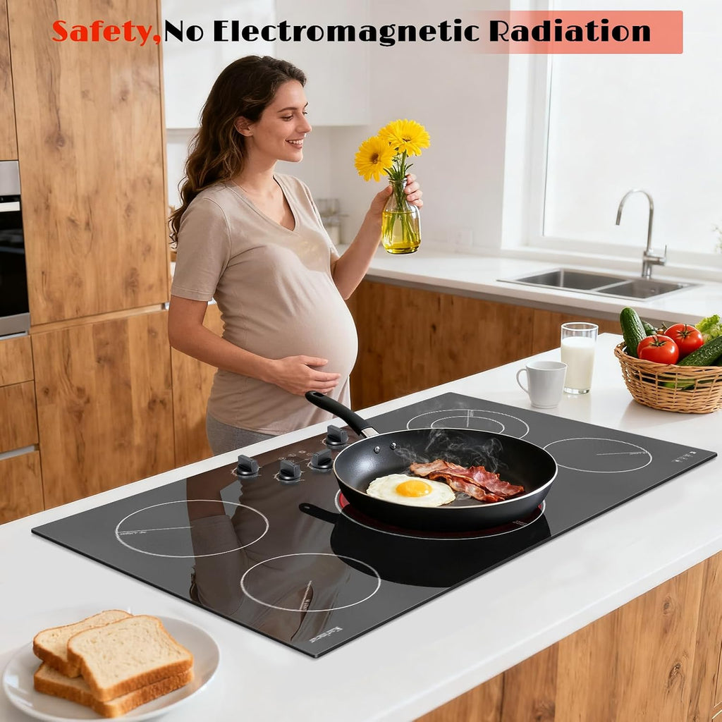 Karinear 36 inch Electric Cooktop, 5 Burner Radiant Cooktop with Knob & Touch Control, 9200W 240V Built-in Stove Top, 9 Power Levels, Timer, Child Lock, Pause, Residual Heat Indicator(Black Knob)