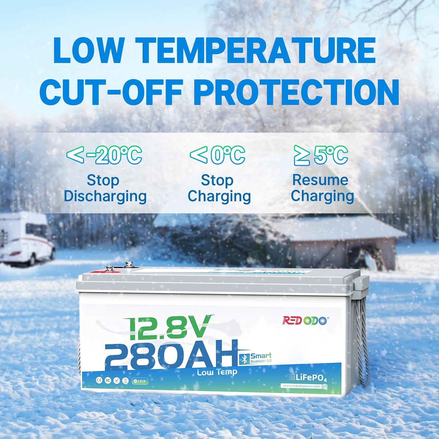Redodo 12V 280Ah Bluetooth Lifepo4 Battery, Low Temp Cut-off Max 3584Wh Lithium Battery with 200A BMS, 4000+ Cycle, Ideal for Trolling motor, Marine, RV and Off Grid