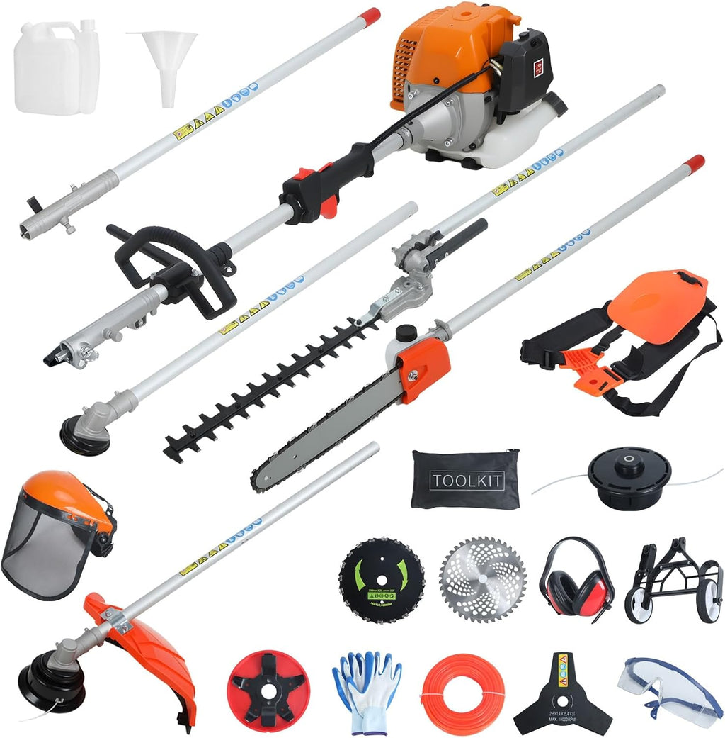 9 in 1 Gas Hedge Trimmer,Weed Eater Gas Powered Multi-Functional Trimming Tool 52CC 2-Cycle Weed Eater Wacker String Trimmer Brush Cutter Edger Pole Saw Weed Whacker Pruner with Extension Pole Orange