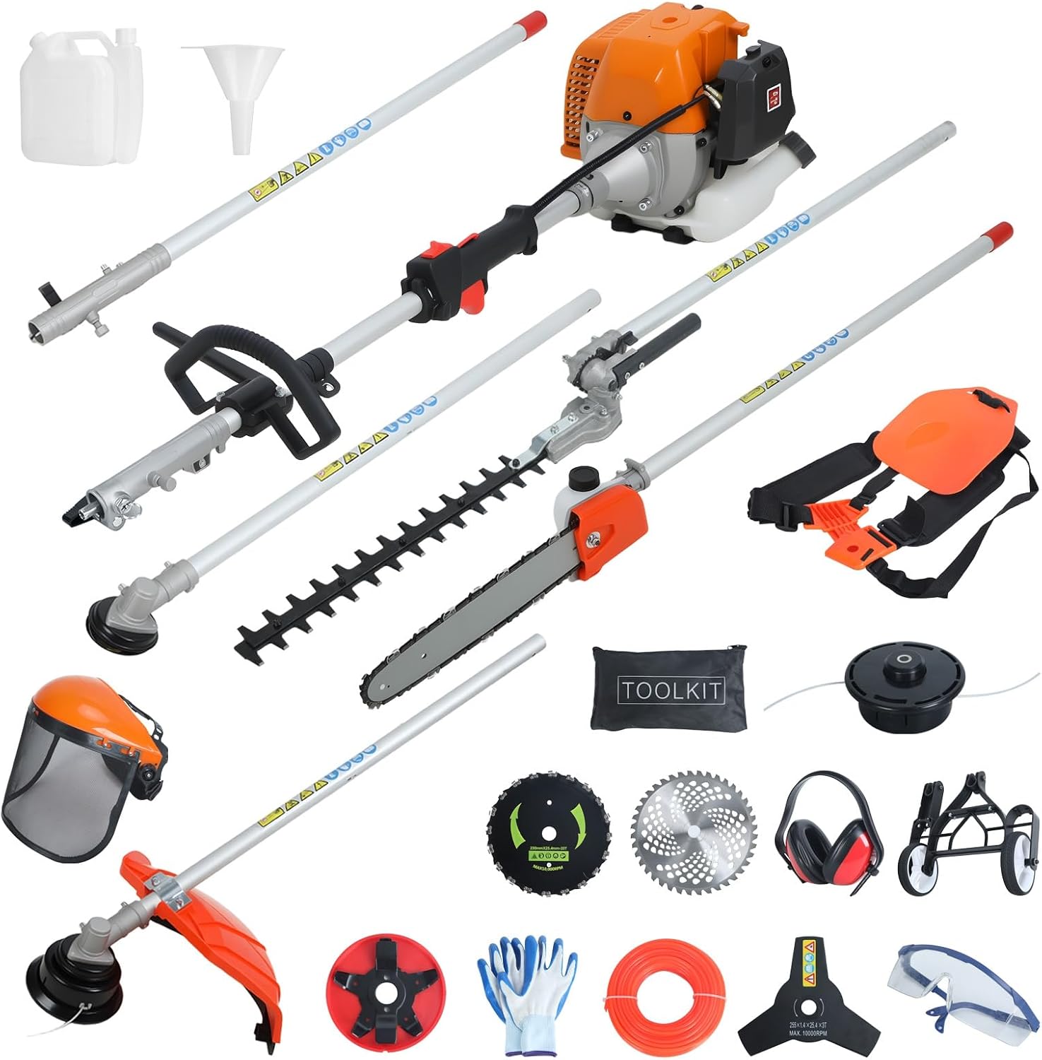 9 in 1 Gas Hedge Trimmer,Weed Eater Gas Powered Multi-Functional Trimming Tool 52CC 2-Cycle Weed Eater Wacker String Trimmer Brush Cutter Edger Pole Saw Weed Whacker Pruner with Extension Pole Orange