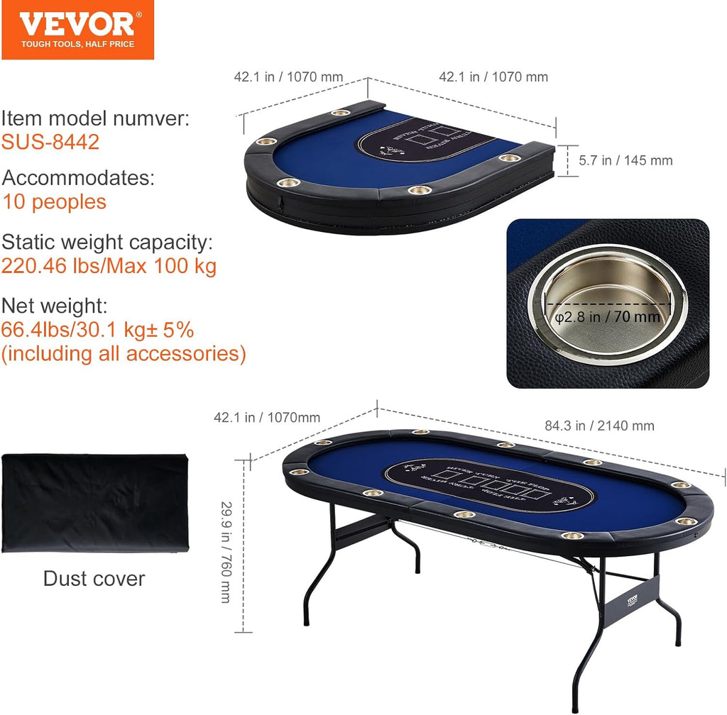 VEVOR 10 Player Poker Table Foldable, Portable Folding Card Board Game Table, Casino Leisure Table, Blackjack Texas Holdem Table with Padded Rails and Stainless Steel Cup Holders,Blue (84 in)