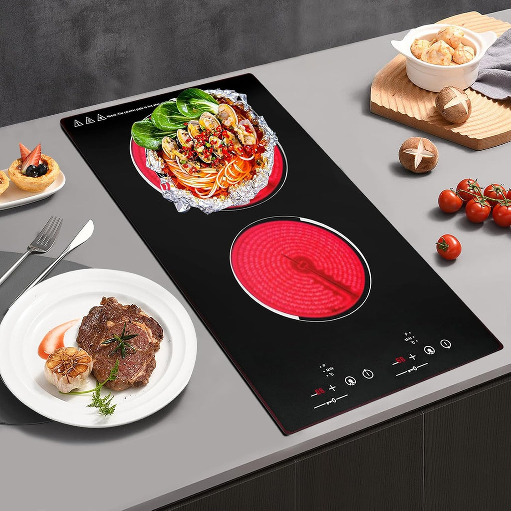 Electric Cooktop,Ceramic Cooktop with 2 Burners,Touch-adjustable Control Built-in Radiant Stove with LED Display Screen,Ceramic Cooktop with Safety Lock,Timer,Over-Temperature Protection