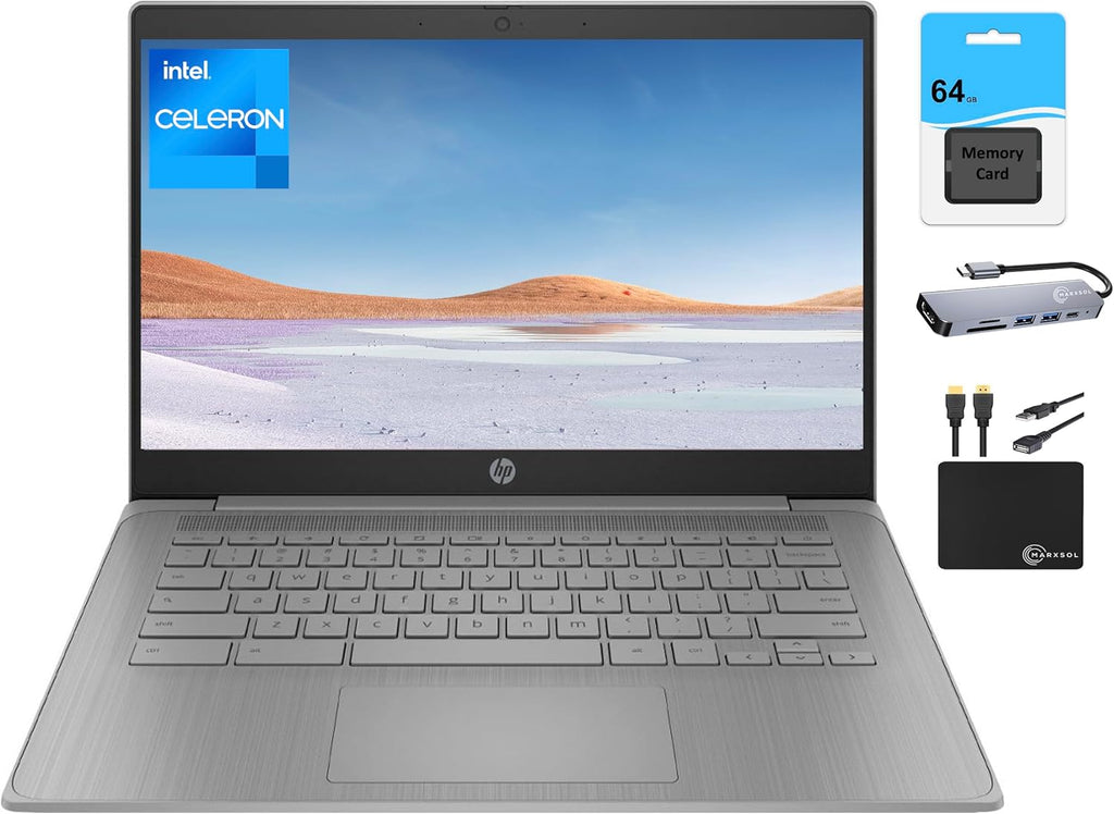 HP Chromebook 2024 Newest Laptop Student Business, 14' HD Display, Intel Celeron N4120 Processor, 4GB RAM, 128GB Storage (64GB eMMC+64GB Card), Webcam, WiFi, Long Battery, Chrome OS+MarxsolAccessory