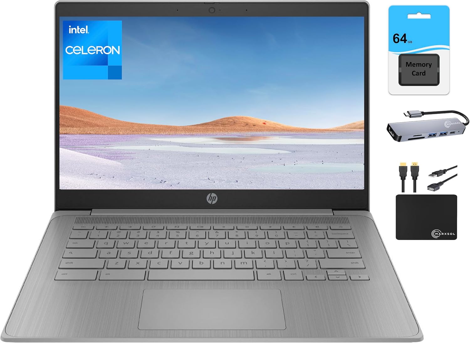 HP Chromebook 2024 Newest Laptop Student Business, 14' HD Display, Intel Celeron N4120 Processor, 4GB RAM, 128GB Storage (64GB eMMC+64GB Card), Webcam, WiFi, Long Battery, Chrome OS+MarxsolAccessory