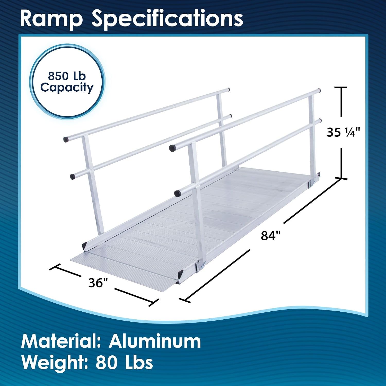 7' Wheelchair Ramp for Home Steps, 850 lb Capacity, Handrails, Non-Slip, Entry Access for Mobility Scooters, Power Chairs, Silver Spring