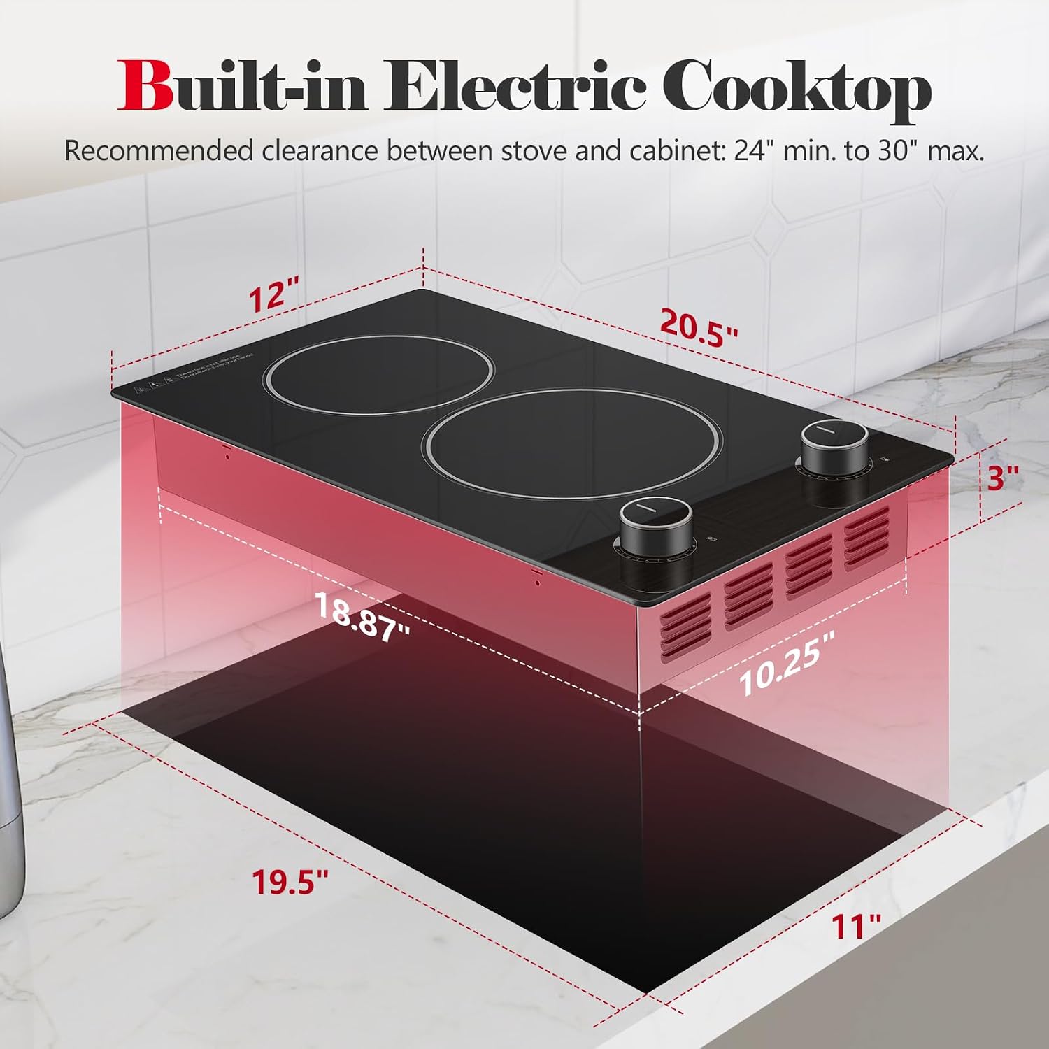 SNDOAS 2 Burner Electric Cooktop,12 inch Built-in 3000W and 9 Power Levels Glass Ceramic Stove Top,Electric Stove with Knob Control,Hardwired 240V for Kitchen,Residual Heat Protection,Easy Clean