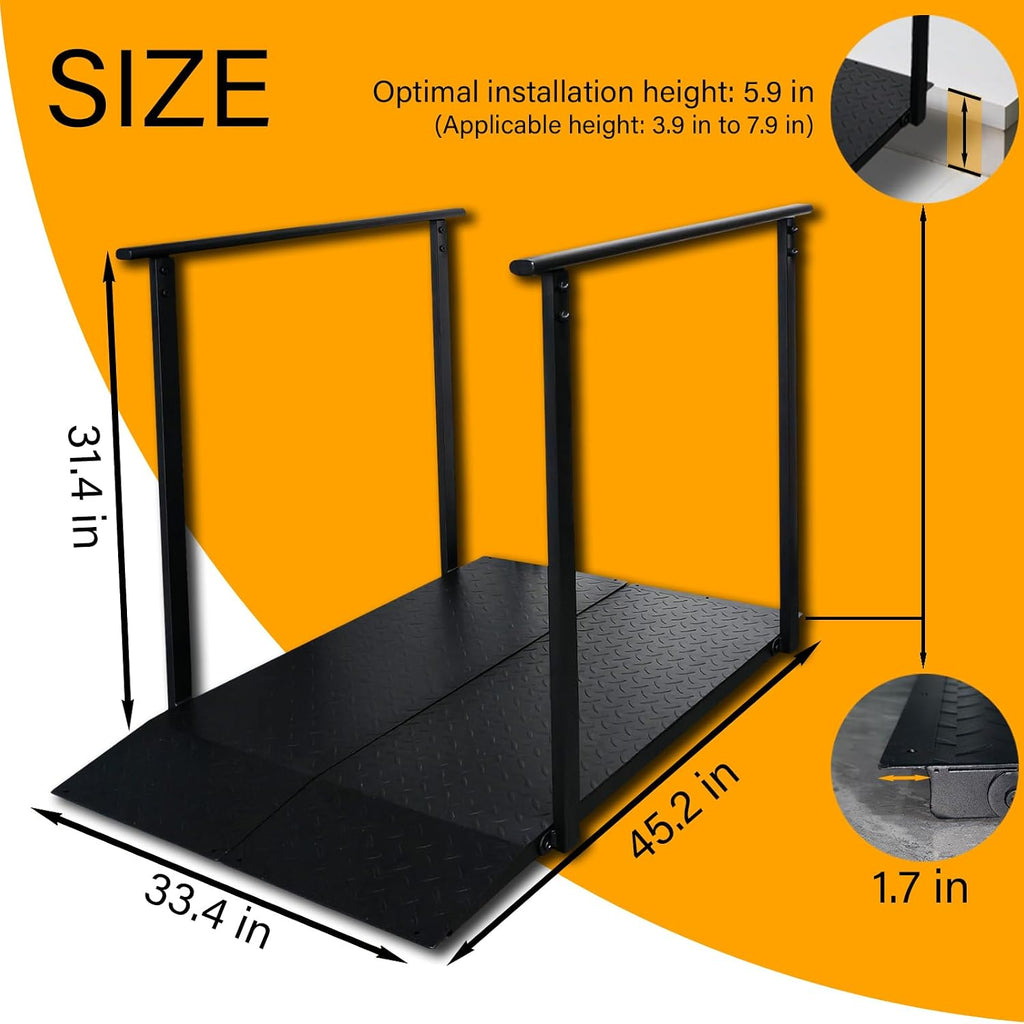 4FT Wheelchair Ramp with Handrails for Home Steps, 1000 LB Capacity, for 4-8in Rise Steps, Non-Slip Iron Handicap Ramps with Handrails, for Doorways Curbs Stairs, L45 x W33 (Black, 45in)