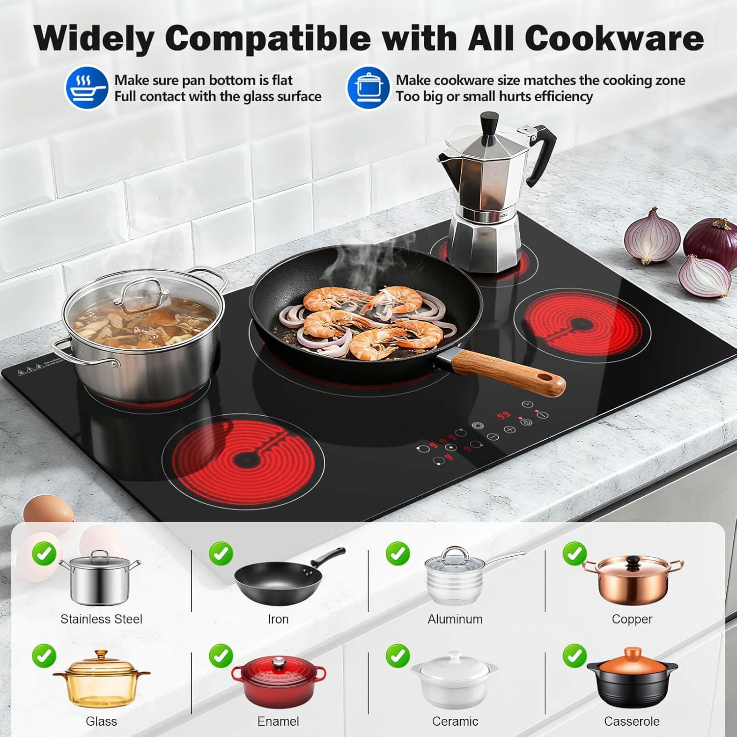 SNDOAS 36 inch Electric Cooktop,5 Burners 9000W Built-in Glass Ceramic Electric Stove Top w/Touch Control,9 Power Levels,Child Lock,Triple-Ring Zone,240V Hardwired for Kitchen Countertop 36'