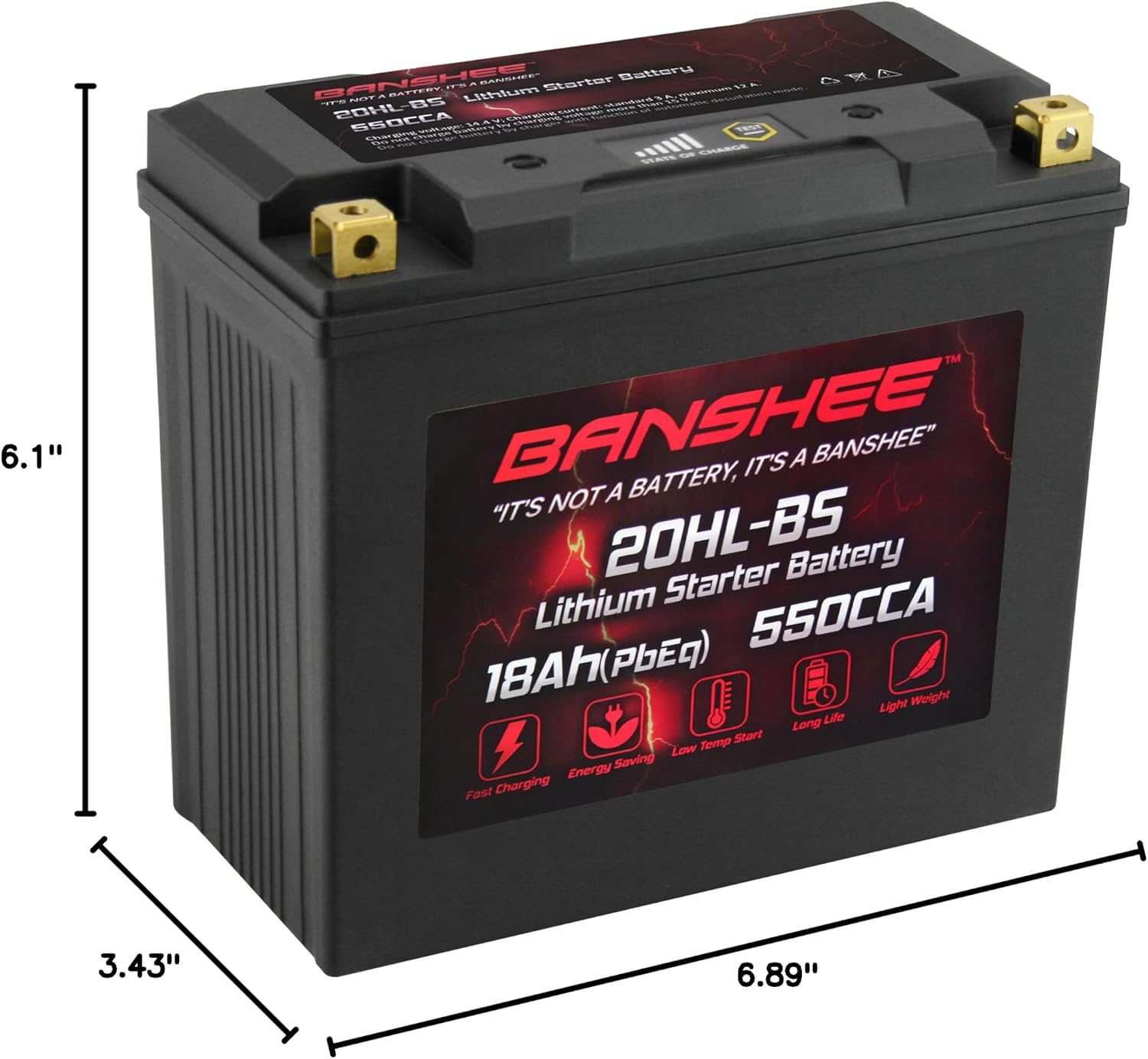 Banshee Lithium YTX20L-BS, 550 CCAs LiFePO4 Motorcycle Battery, 12V 18AH ATV, UTV, Jet Ski, 4 Wheeler, Snowmobile, Personal Watercraft, Seadoo, Polaris, Generator and Riding Lawn Mower Battery