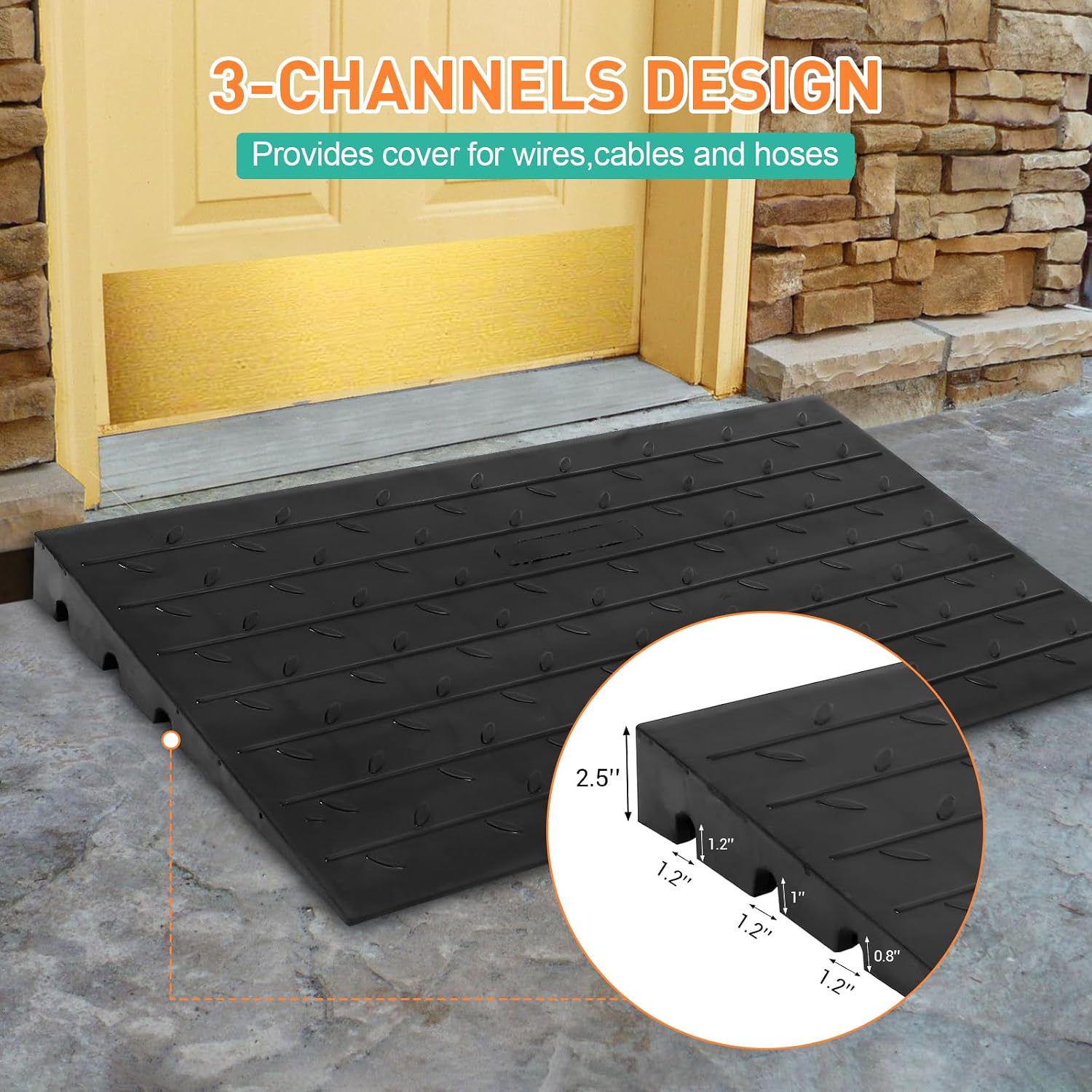 4 Inch Raised Rubber Threshold Ramp Cuttable Door Ramp, Portable Non-Slip Wheelchair Ramp, Heavy Duty Curb Ramp, 2500 Lb Load Capacity for Wheelchairs, Warehouses, Residential, Docks