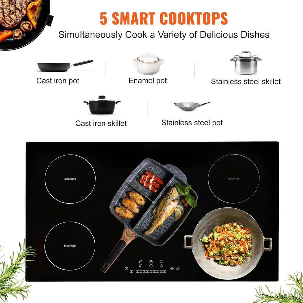 Happybuy Electric Cooktop, 5 Burners, 36'' Induction Stove Top, Built-in Magnetic Cooktop 9200W, 9 Heat Levels, Multifunctional Burner, LED Touch Controls with Child Lock & Overheat Protection