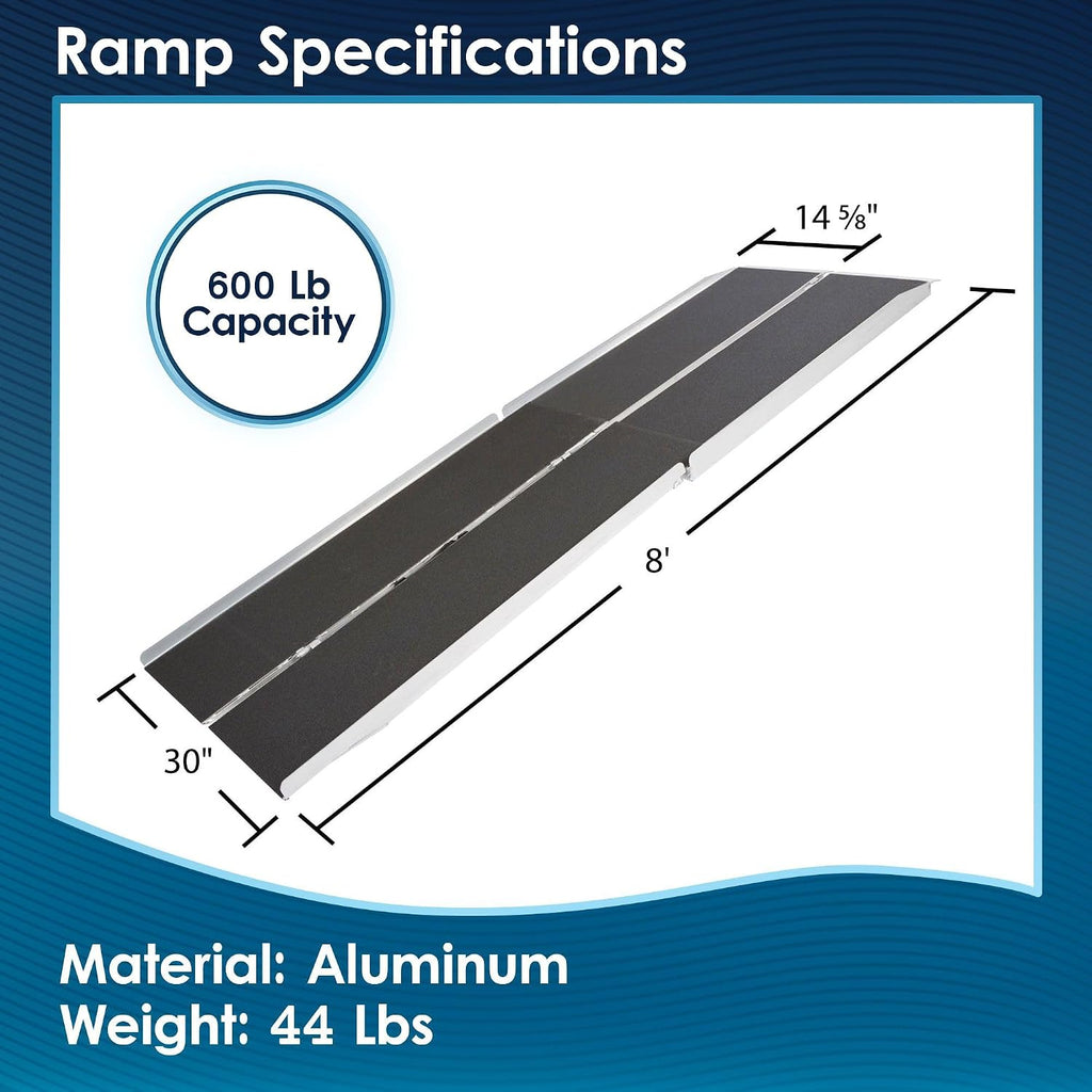 8' Portable Wheelchair Ramp for Home Steps & Entry, 600 lb Capacity, Folding, Non-Slip, for Scooter, Walker, Rollator, Silver Spring