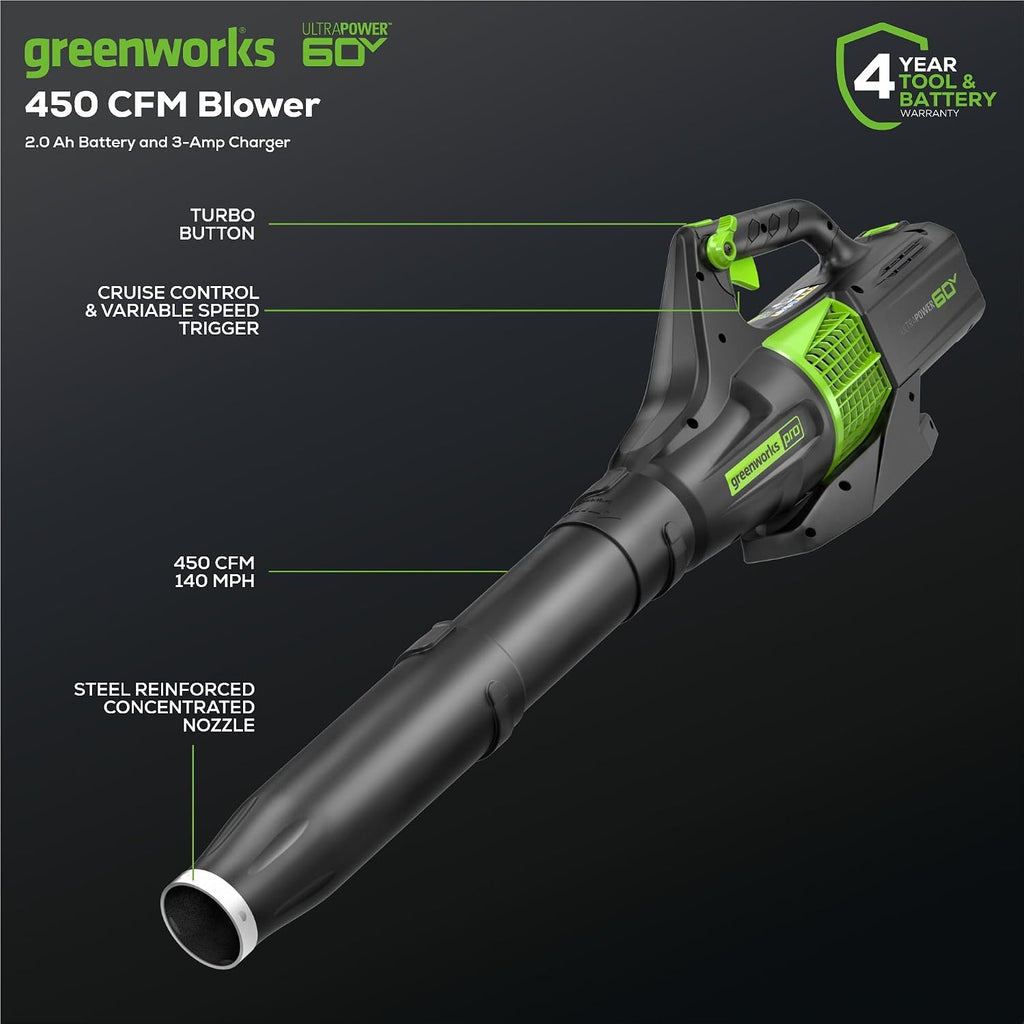 Greenworks 60V 450 CFM Cordless Leaf Blower, 2.0 Ah Battery and Rapid Charger