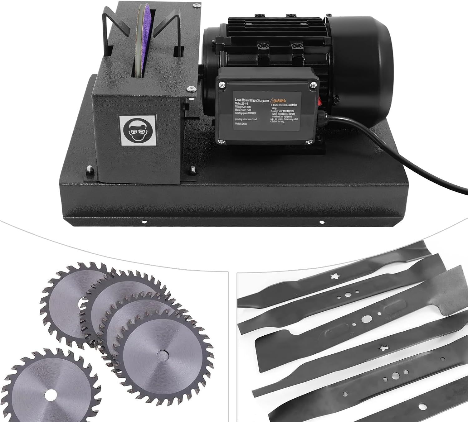 Lawn Mower Blade Sharpener, 2/3HP 500W Lawnmower Blade Grinder 1700 RPM Powerful Bench Mower Sharpening Machine with Sandpapers& Brackets for High/Low Lift, Gator & Flat Blades (1HP 750W)