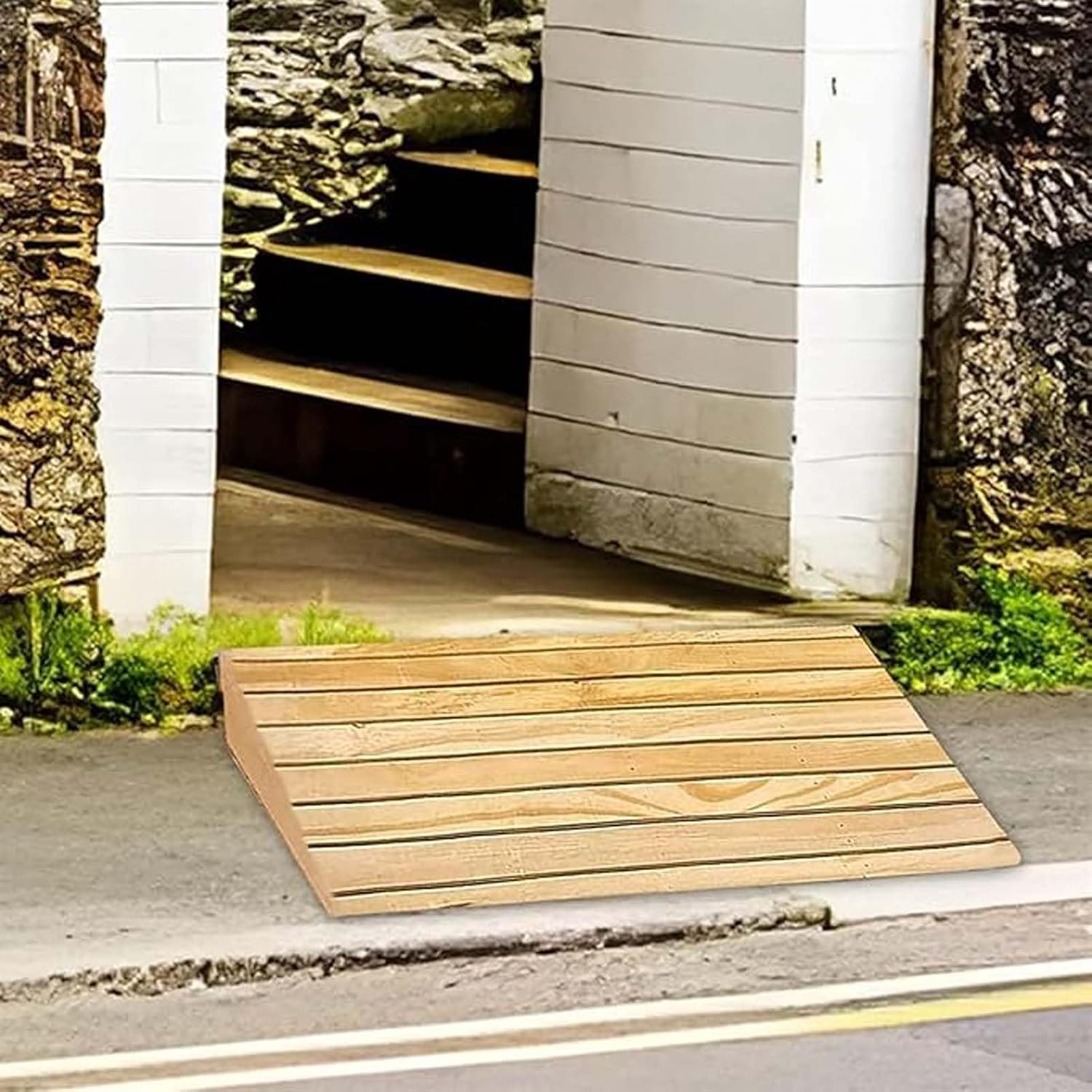 Transition Ramps 15.7x27.5x3.1in, Wood Threshold Ramp, Portable Mobile Threshold Rise Ramps, with Non-Slip Grooves, for Front Doors, Garage Doorways, Patios, Elderly Residential Home