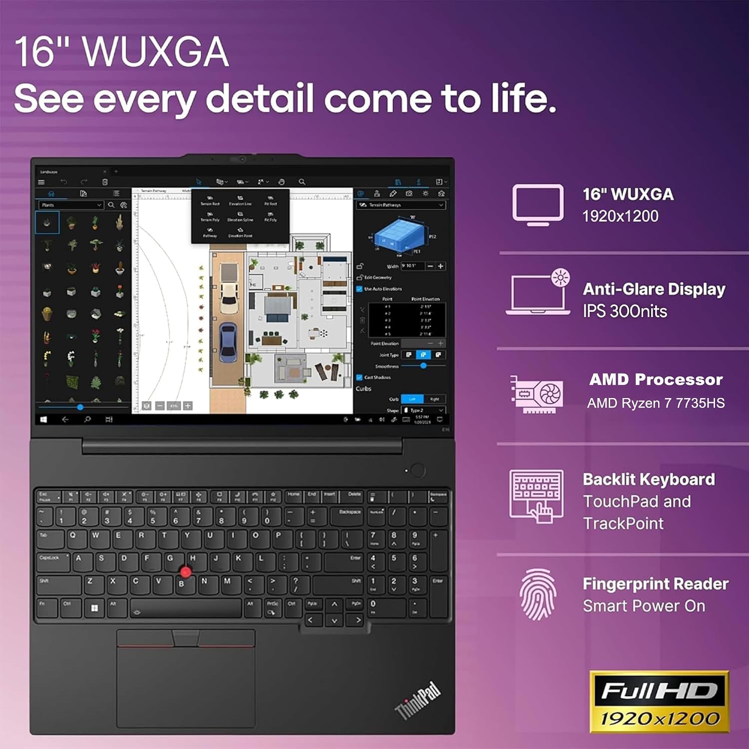Lenovo ThinkPad E16 16 WUXGA Laptop Computer, 32GB DDR5 RAM, 2TB PCIe SSD, AMD Octa-Core Ryzen 7 7735HS, WiFi 6E, Backlit KB, Fingerprint, Win 11 Pro