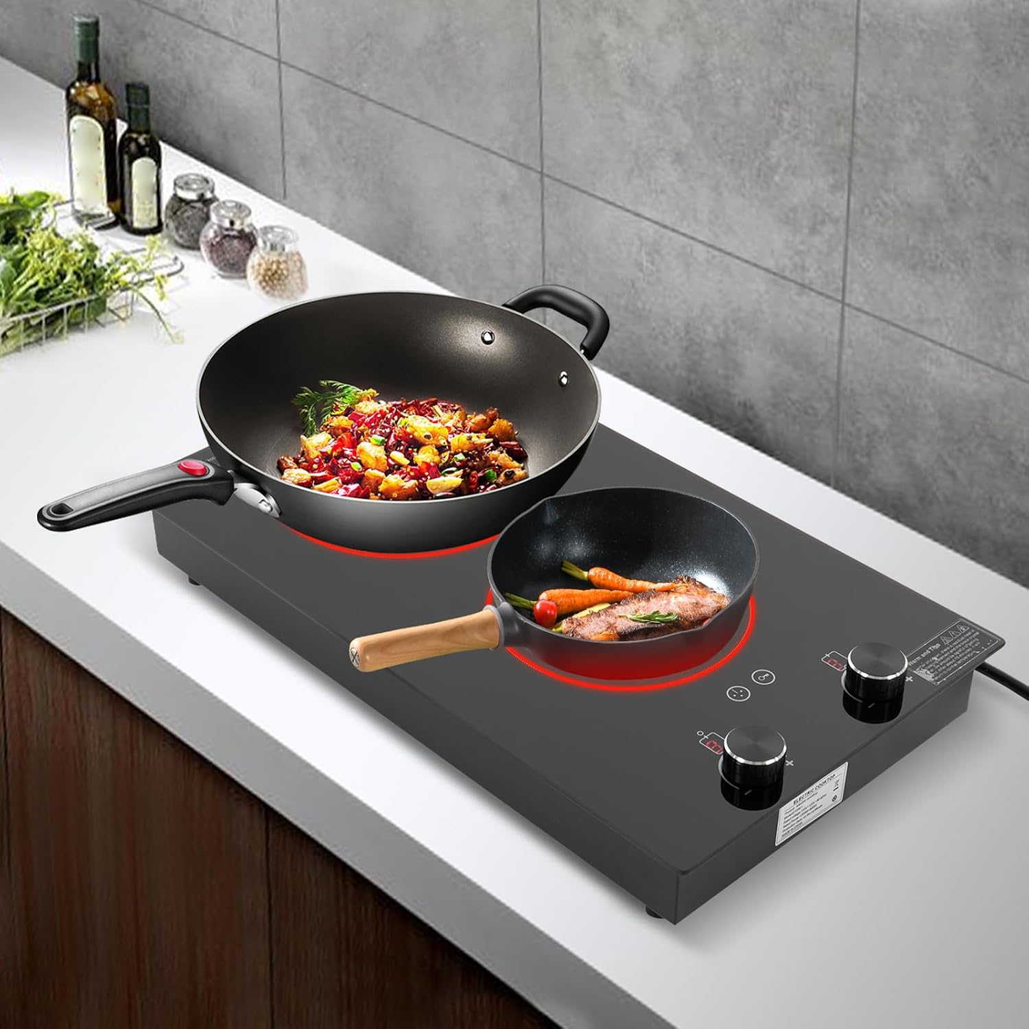 Electric Cooktop, 110V Electric Ceramic Cooktop, Double-burner Ceramic Electric Hob, Portable Countertop Burner, Touch Control, 1800W Countertop Burner, Electric Hob Top with Knob Control