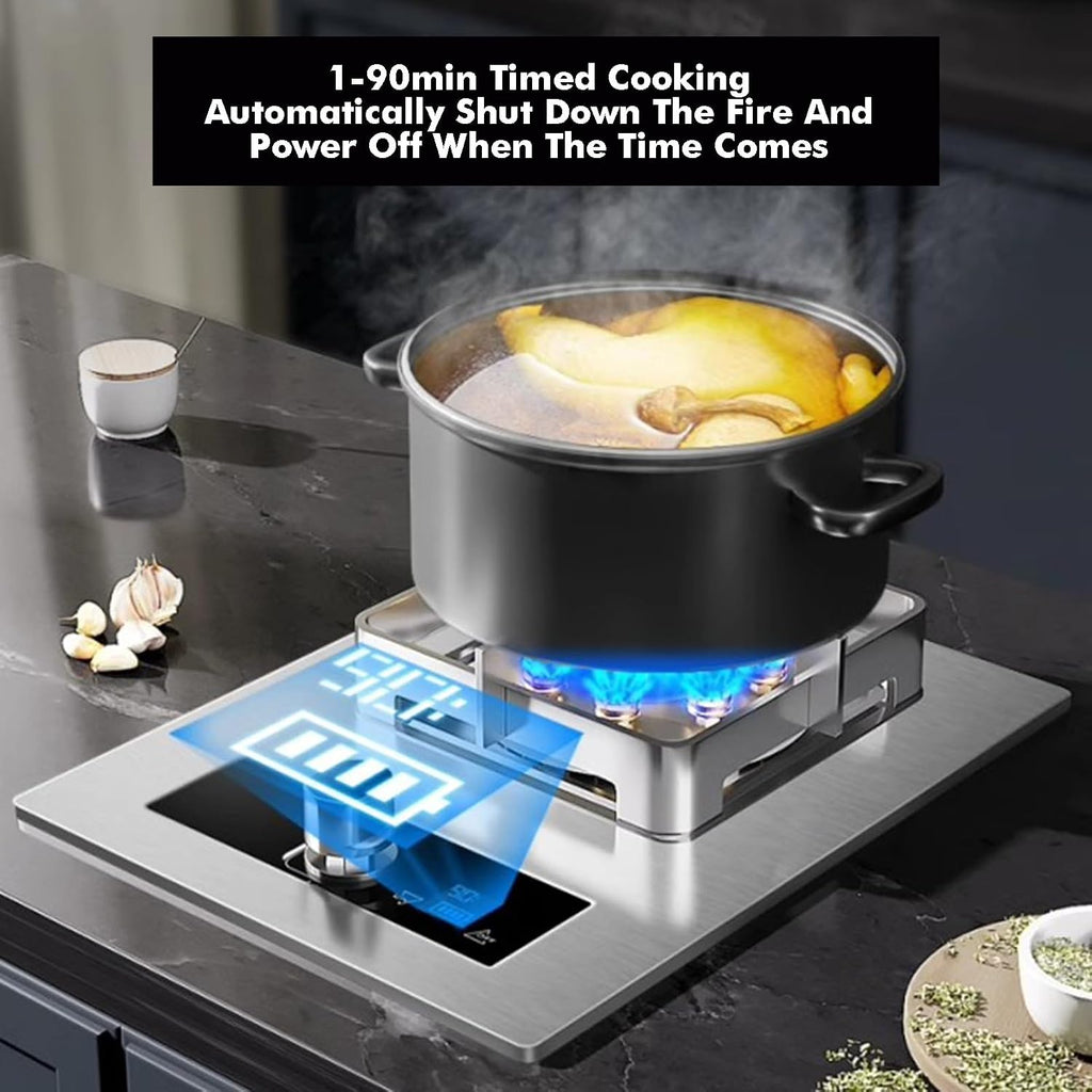 Single Burner Gas Stove,5.2kW Nine-Cavity High Fire,Tempered Glass,with Timer and Flameout Safety for Home Kitchen(LPG)