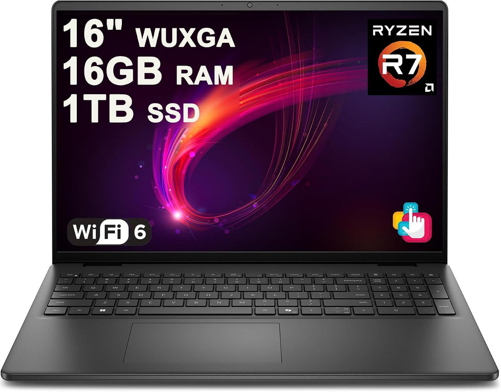 Dell 16 Laptop 16' WUXGA Touchscreen AMD 8-core Ryzen 7 250 16GB DDR5 1TB SSD Backlit ExpressCharge Wi-Fi6 for Creator Designer Business Professional Work Win11Pro