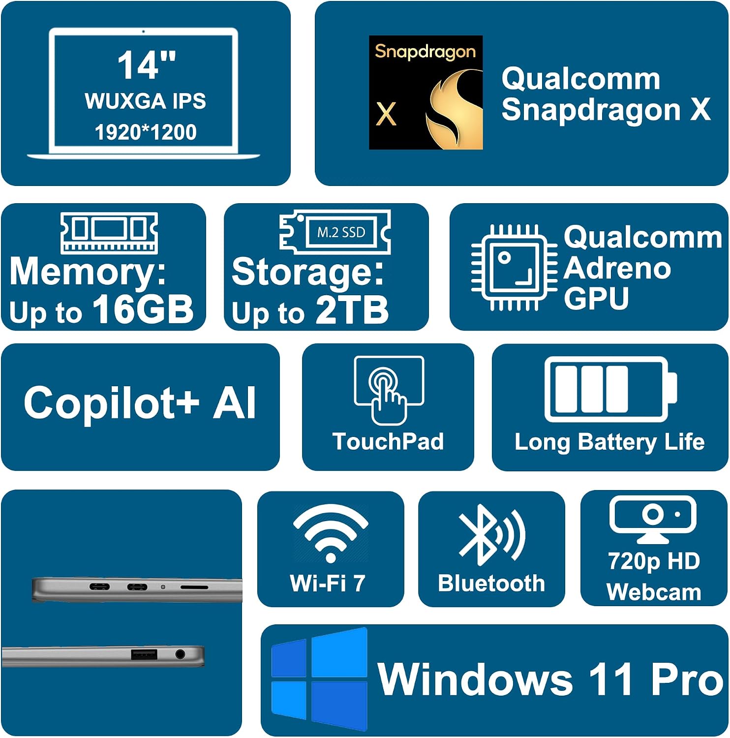 Dell Inspiron 14 5441 Laptop 14' WUXGA IPS Qualcomm 8-core Snapdragon X Up to 45 NPU Tops (>i7-1355U) 16GB DDR5 1TB SSD WiFi7 for Creator Business Professional Win11Pro