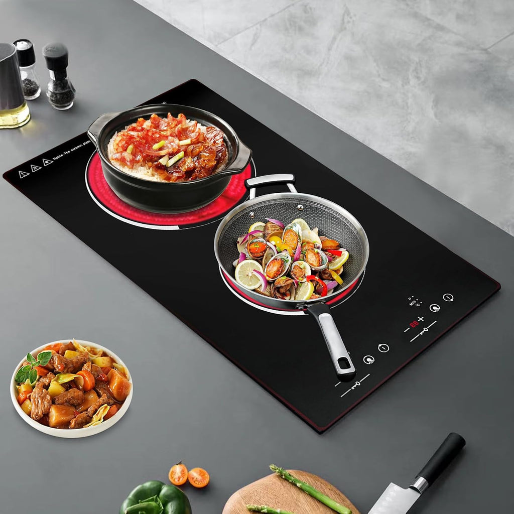 Electric Cooktop 110v, Electric Stove Countertop & Built-in, Cooktop with 9 Power Levels, Sensor Touch Control, Safety Lock, Timer, No Plug (2 Burners)