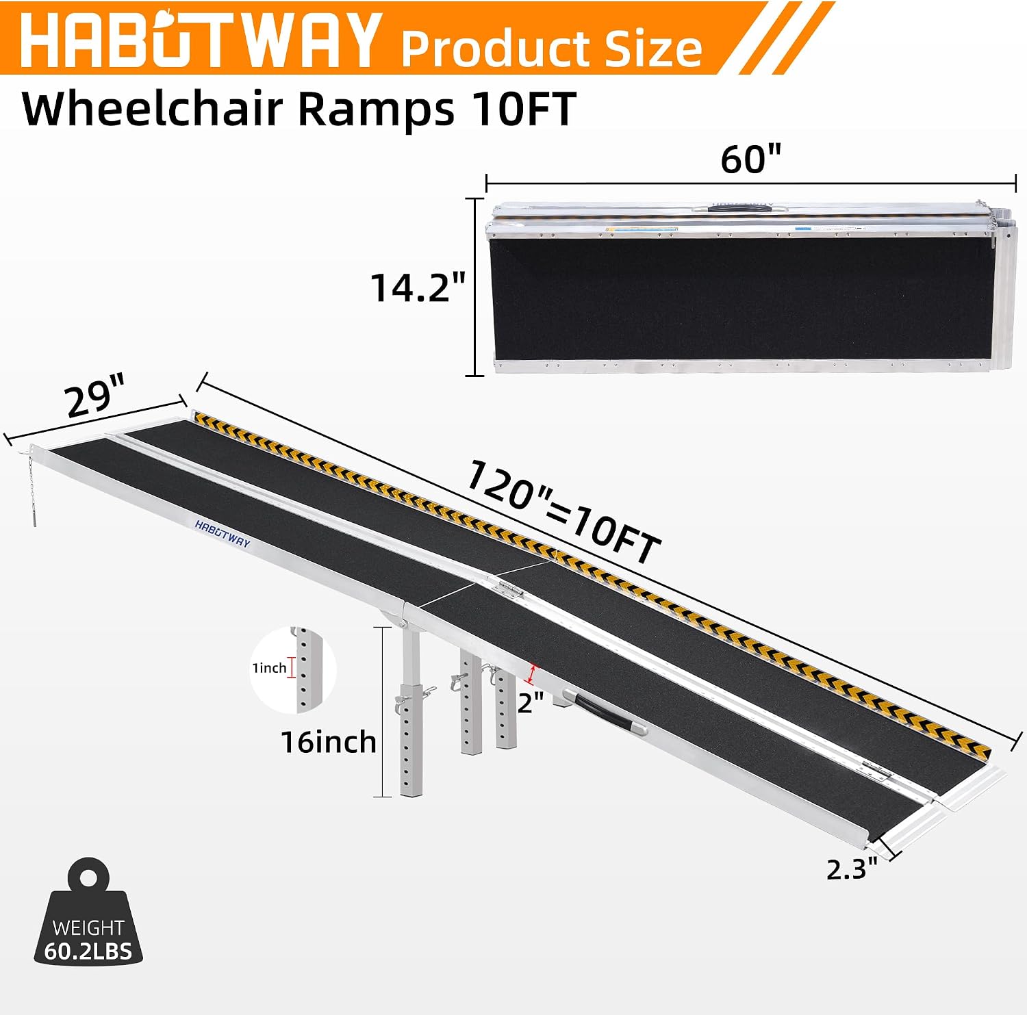HABUTWAY 10ft Wheelchair Ramp, Portable Wheelchair Ramp with Support Legs, Double Non-Skid Ramps Hold Up to 800Lbs, Threshold Ramps for Home,Stairs, Curbs,Steps,Doorway